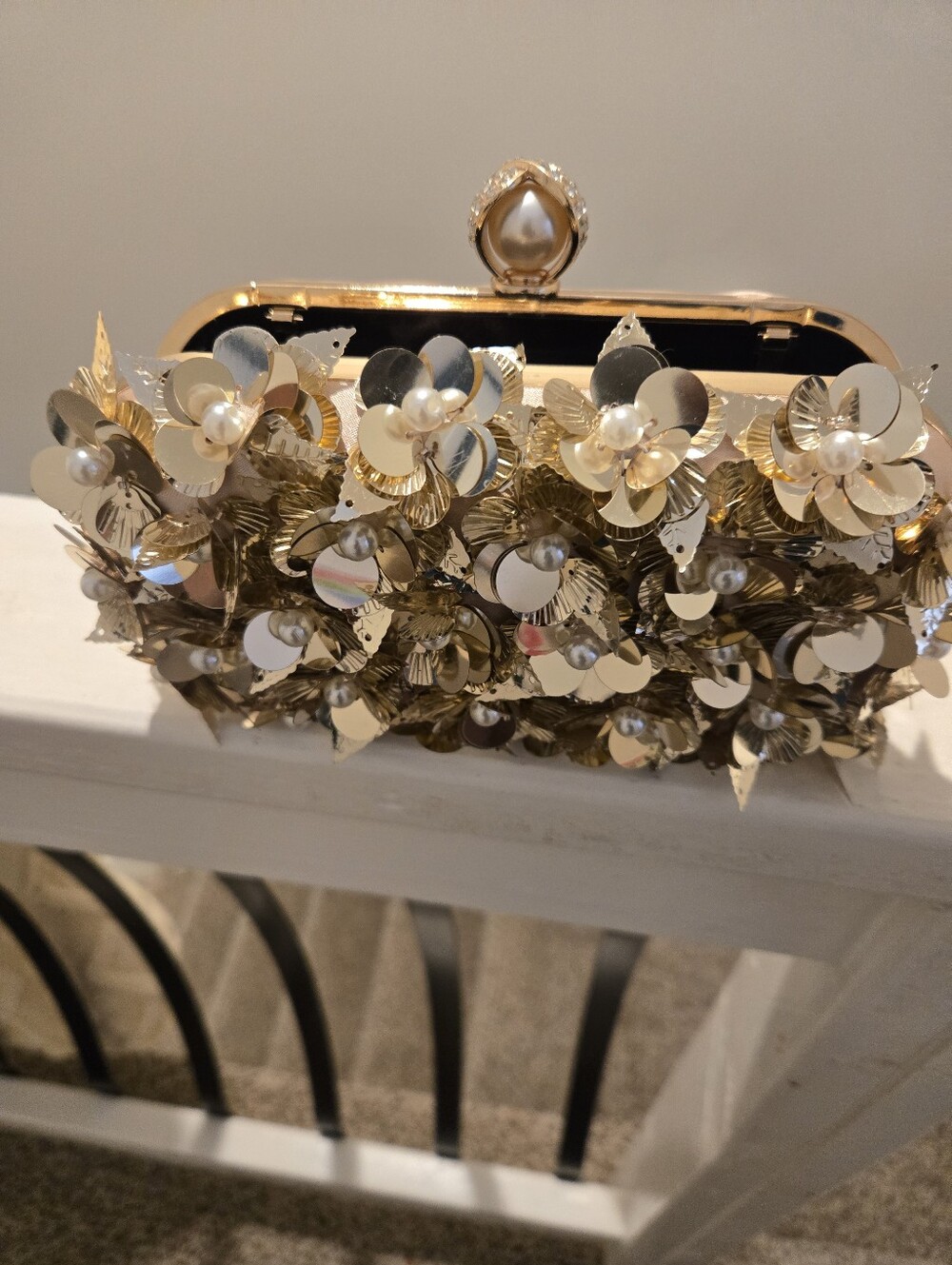 Gold Floral Sequin Pearl-Accent Evening Clutch